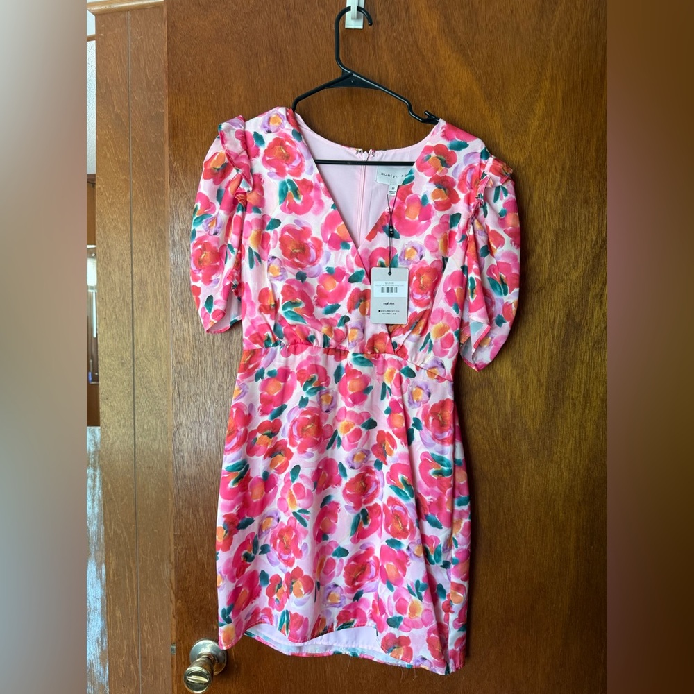Adelyn Rae Pink and Red Fit and Flare Dress with Puff Sleeves